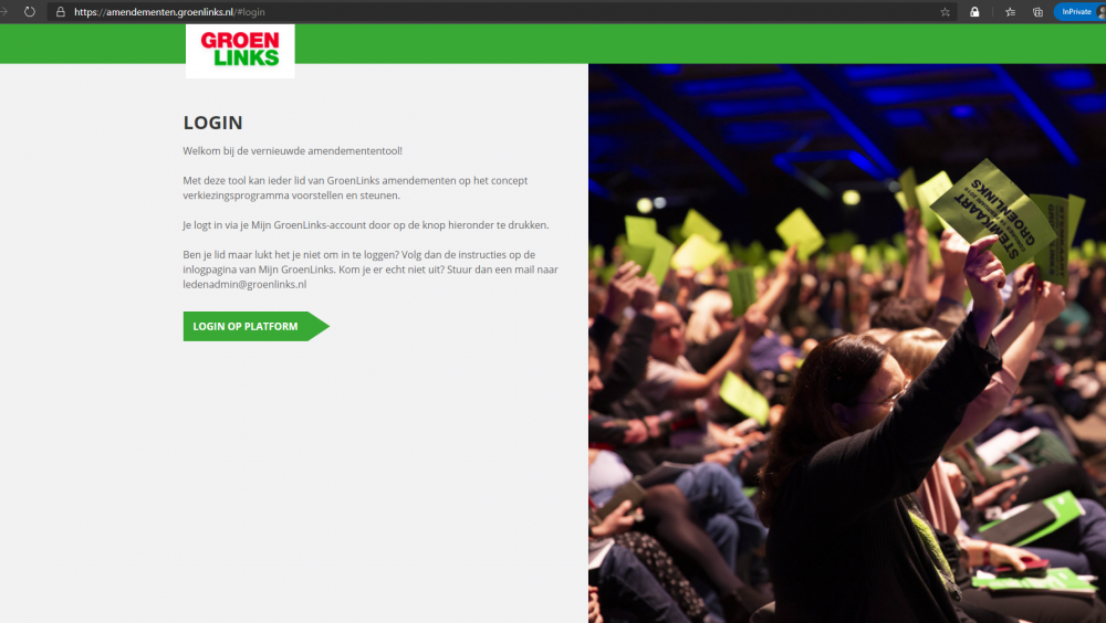 Screenshot van het inlogscherm van de amendemententool